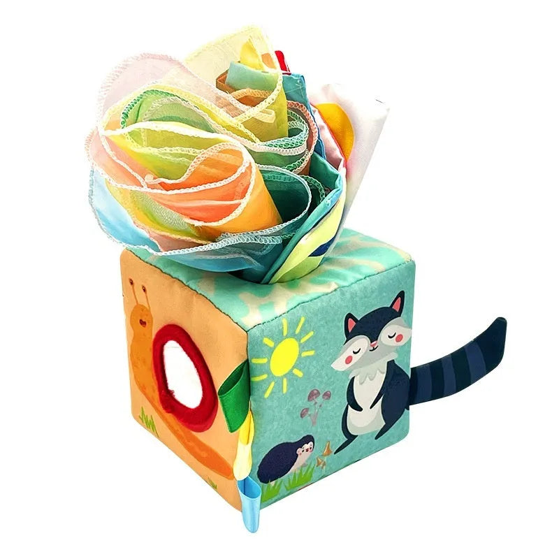 Square fabric tissue box toy with colourful silk scarves for infant pulling play