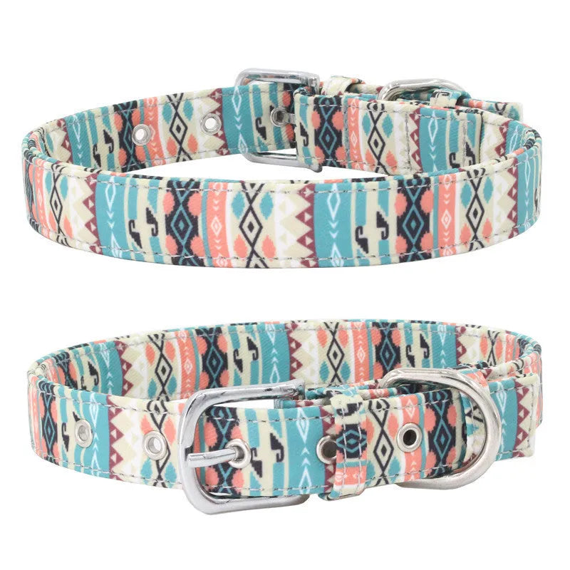 Double layer canvas dog collar with light-reflecting fabric, colourful design, sizes XS to L
