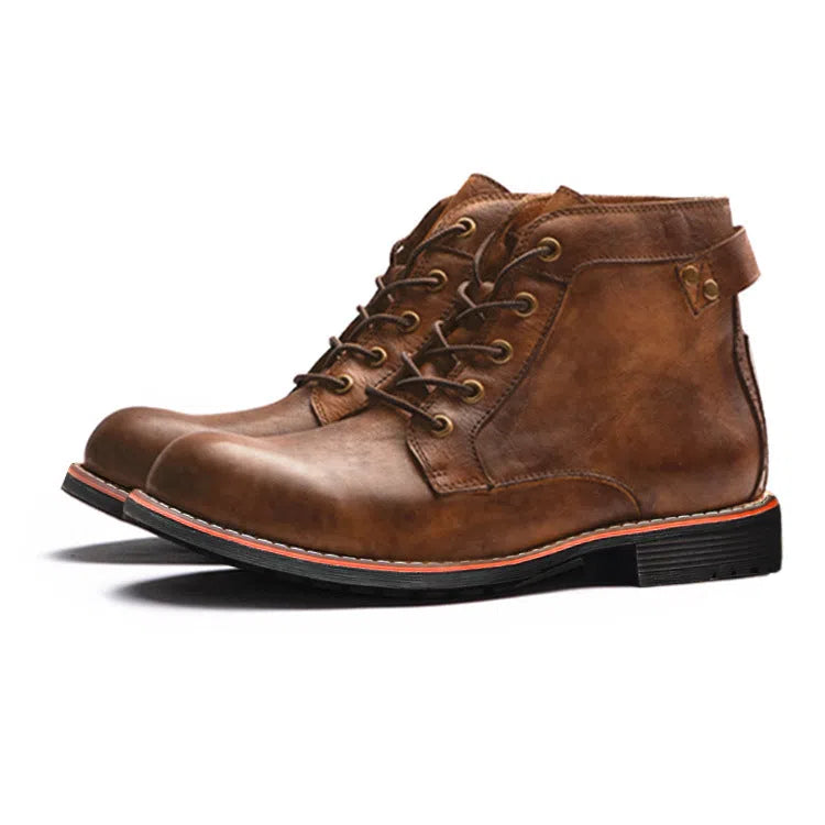 Men's retro western boots with round toe, horseshoe heel, and slide-on entry in black and brown