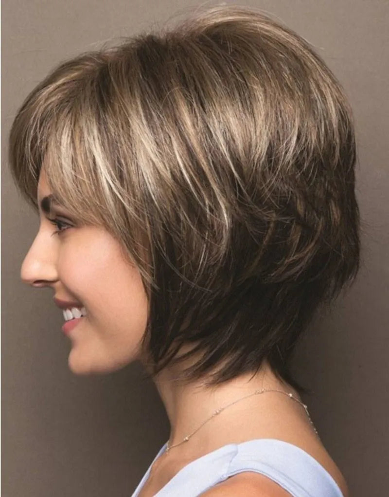 Mixed blonde brown short wig on stand, realistic supple synthetic hair, heat resistant, women's wig