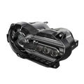 Black background LED motorcycle headlight unit for bike modification, showing polycarbonate lens.