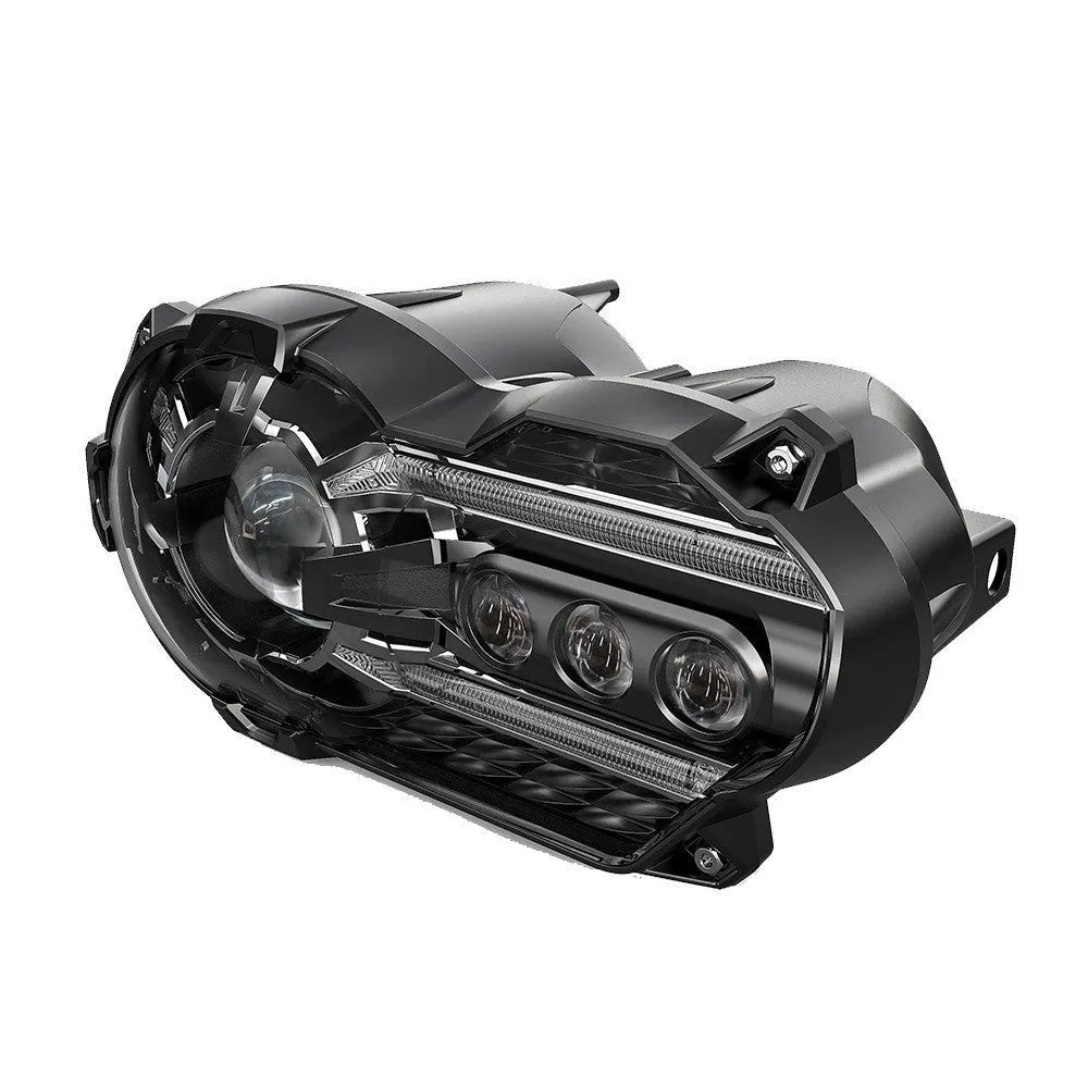 Black background LED motorcycle headlight unit for bike modification, showing polycarbonate lens.