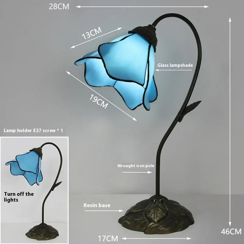 American classical retro style glass table lamp with ornate lotus shade, shown in a beige double head configuration.