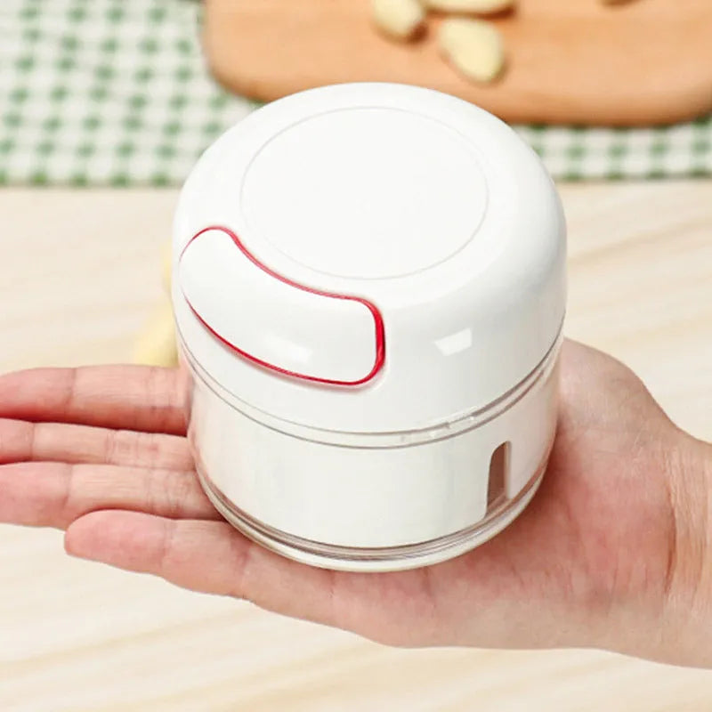Manual food chopper with magnetic 304 stainless steel blade on plastic base, white colour