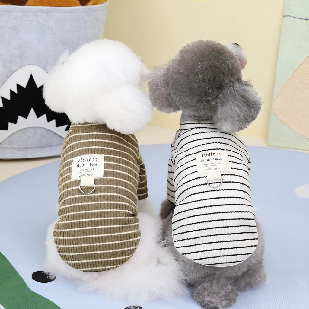 Cotton puppy clothing pull ring striped bottoming shirt in brown or white, sizes S to XXL