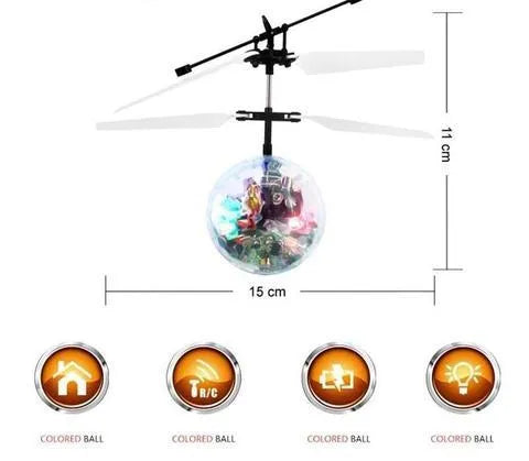 LED Magic Flying Ball with infrared induction, flashing lights, USB charging, plastic construction, available in multiple colours