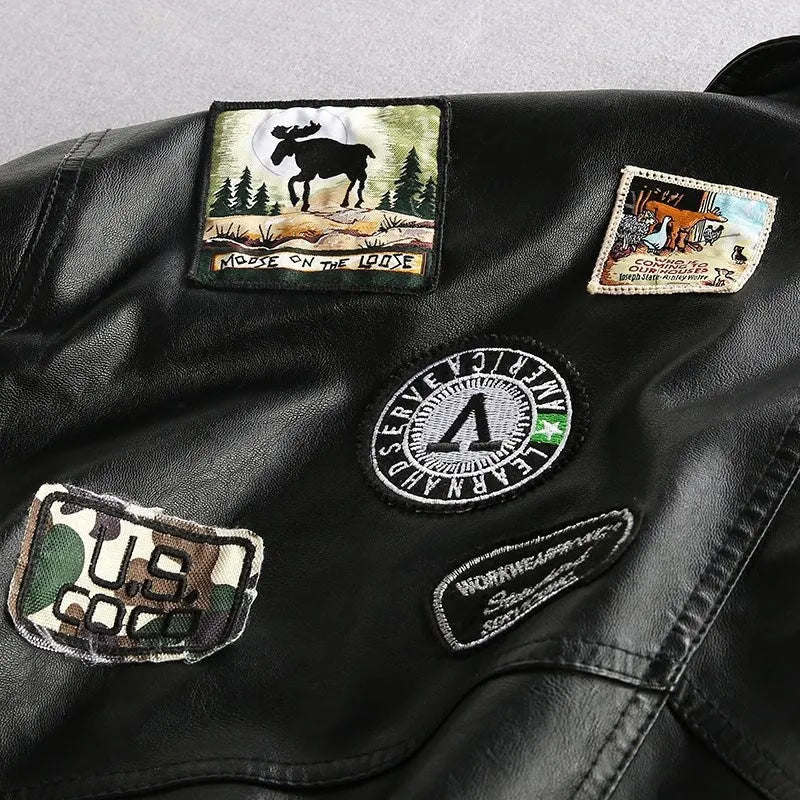 Men's black PU leather biker jacket with loose fit and zip front, available in sizes M to XXL