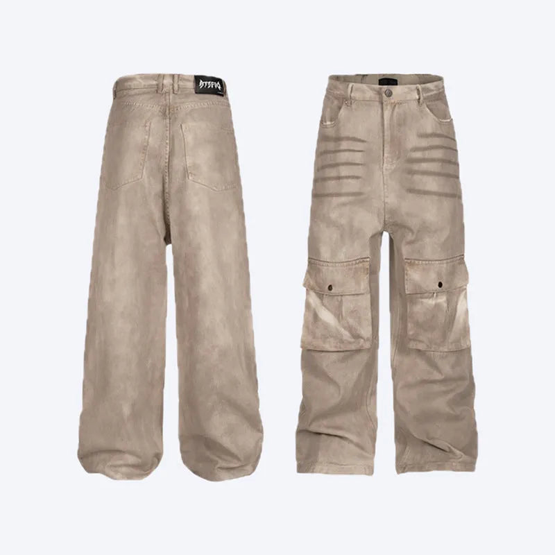 Marble dark straight leg A-line denim trousers with mid waist and zip fly front