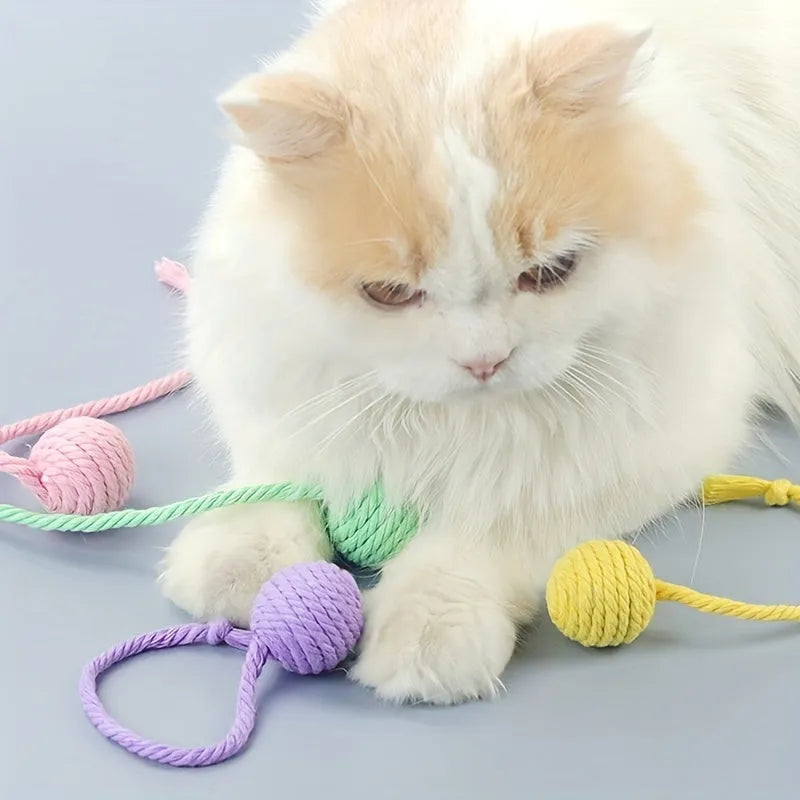 Cat toy ball with rope attached in green, pink, purple or yellow colour with internal bell
