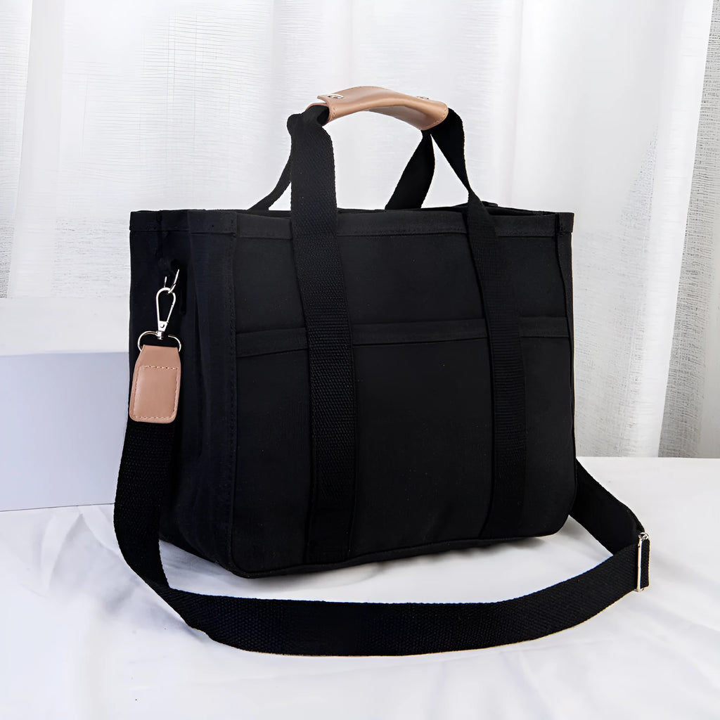 Canvas single shoulder crossbody bag, vertical square shape, zipper buckle closure, 36x18x28 cm, black with shoulder support