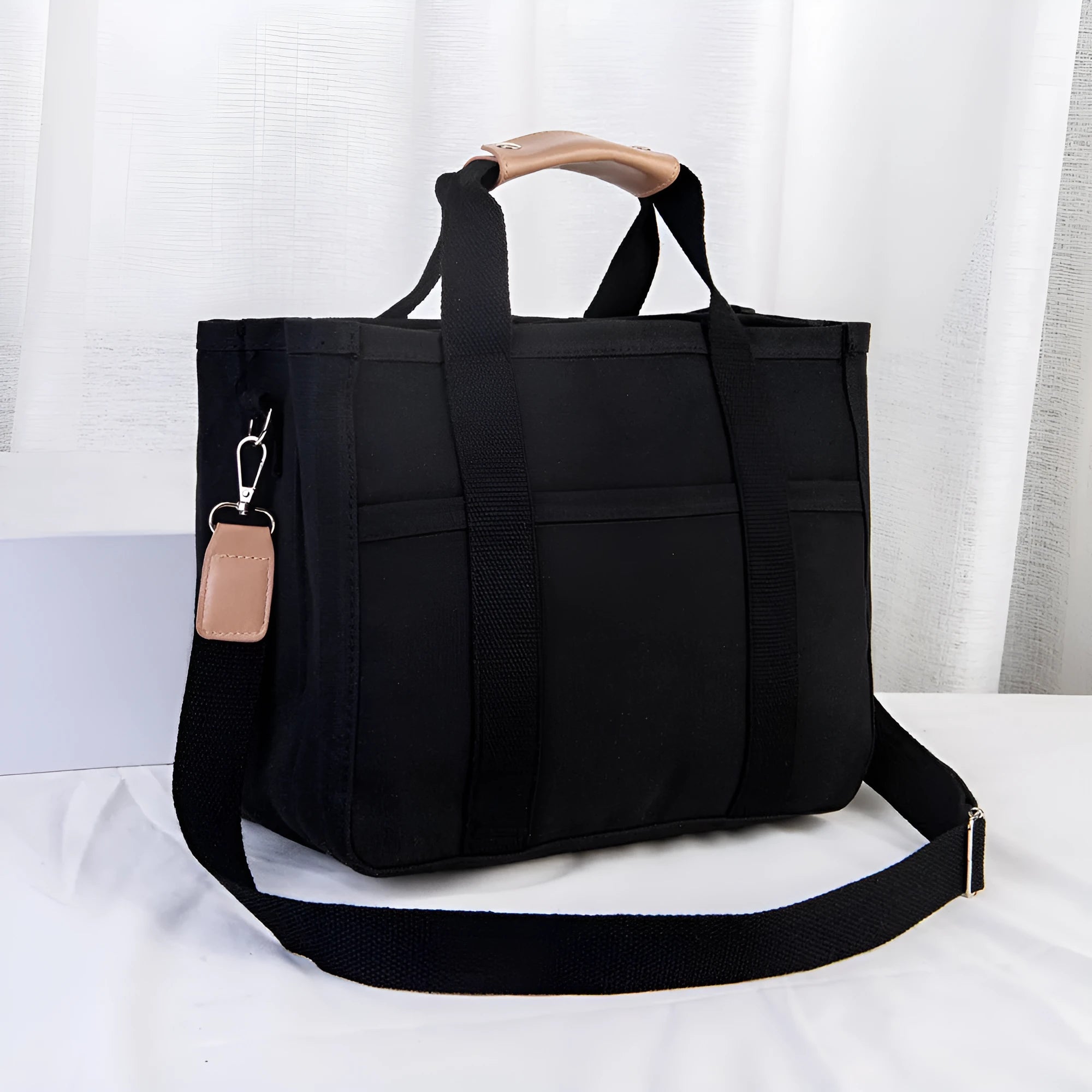 Canvas single shoulder crossbody bag, vertical square shape, zipper buckle closure, 36x18x28 cm, black with shoulder support