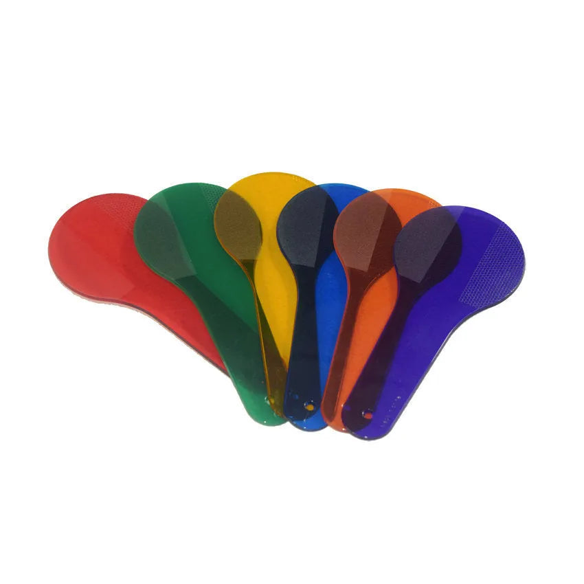 Six PVC colour learning boards in red, yellow, blue, green, orange, and purple