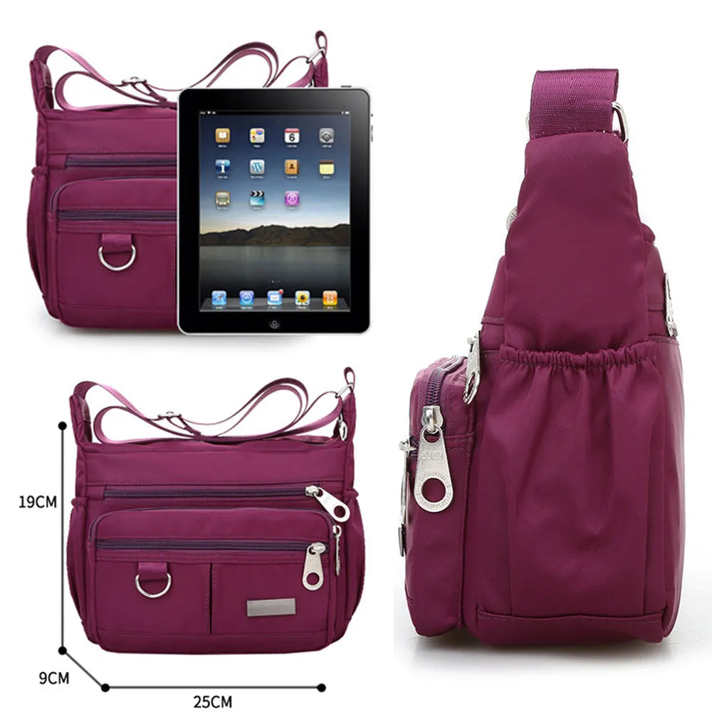 Women's waterproof nylon crossbody shoulder bag with multiple pockets in black