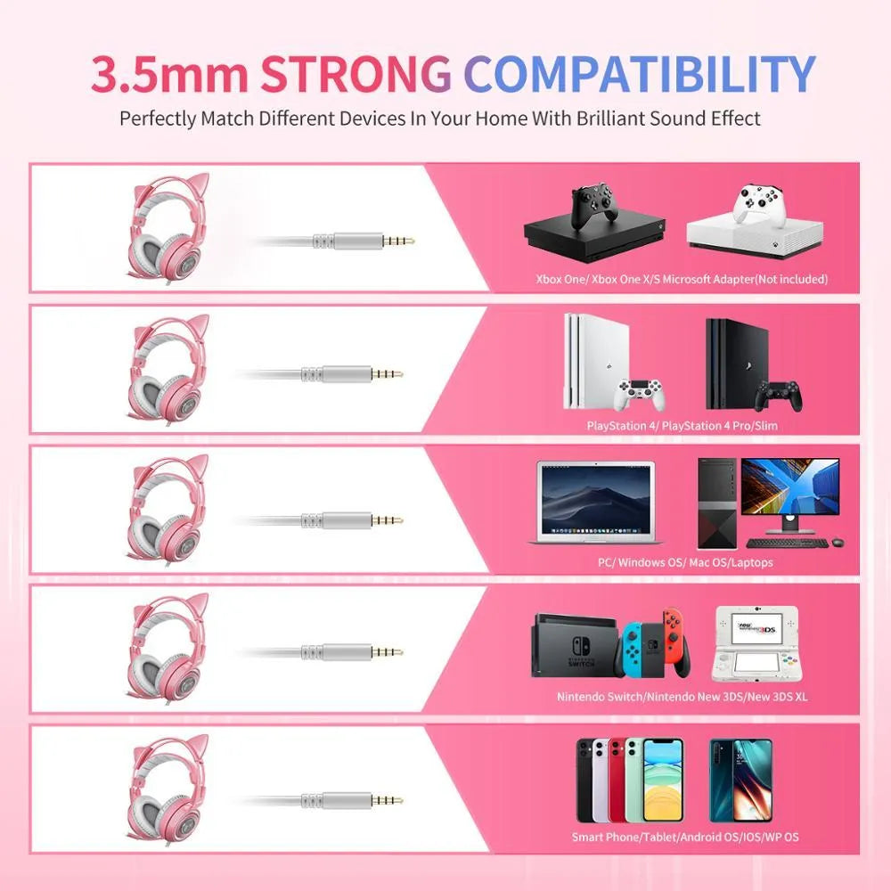 G951s pink cat ear gaming headset with adjustable headband and built-in microphone on white background