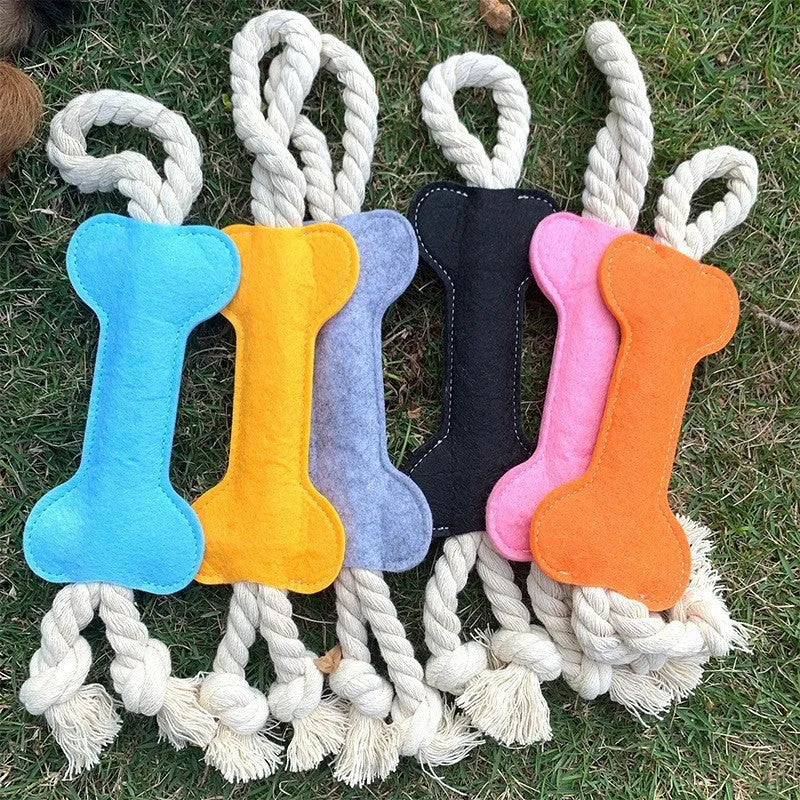 Bone-shaped dog training rope toy with knot construction in felt fabric