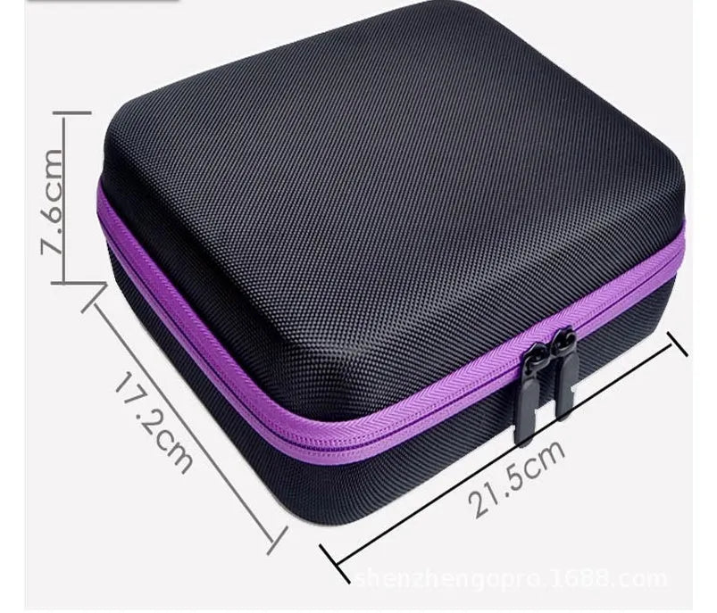 Cube-shaped EVA essential oil storage bag with 30 compartments for 15ml bottles, shown in red