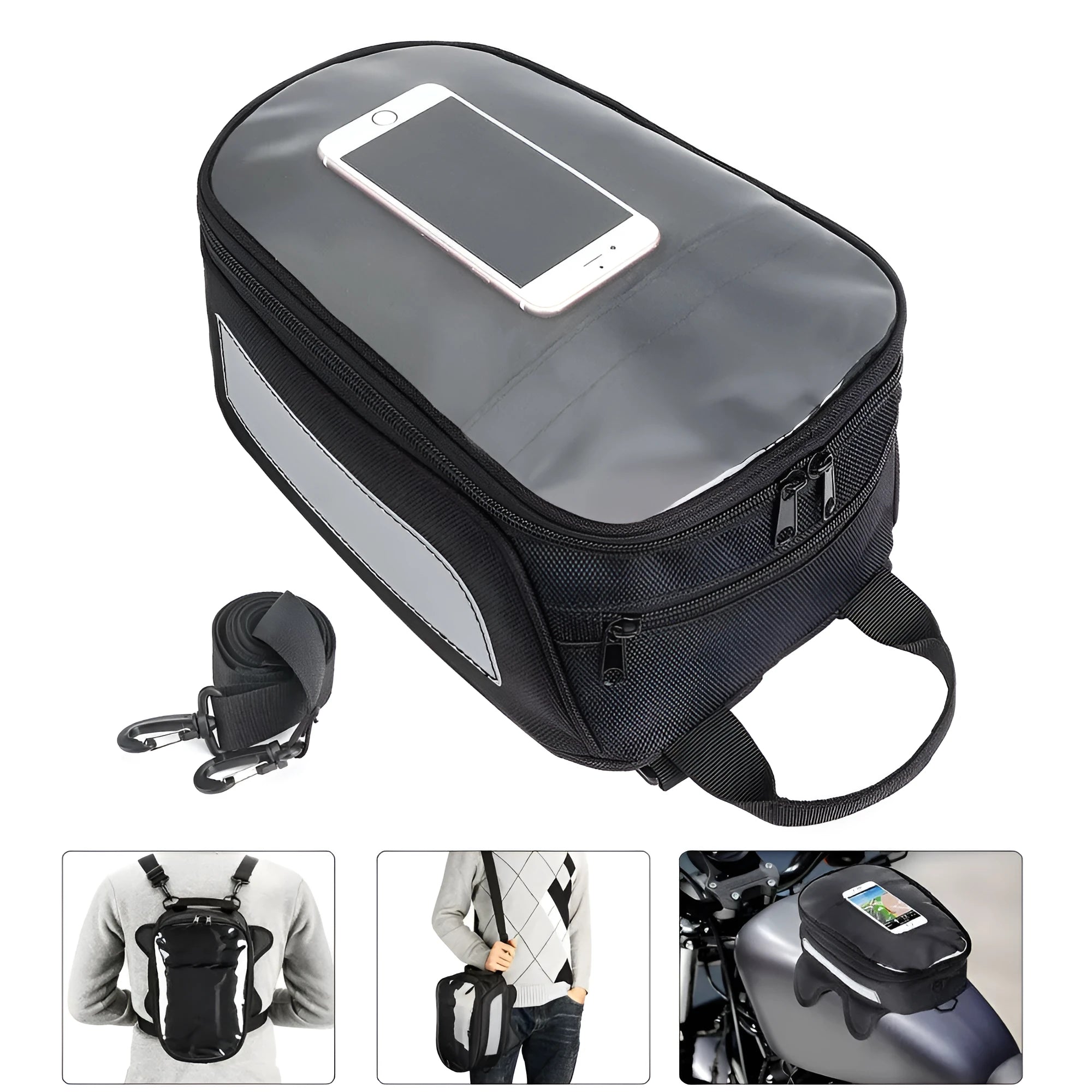 Black waterproof magnetic motorcycle fuel tank bag with phone pocket and reflective strips on Oxford cloth surface