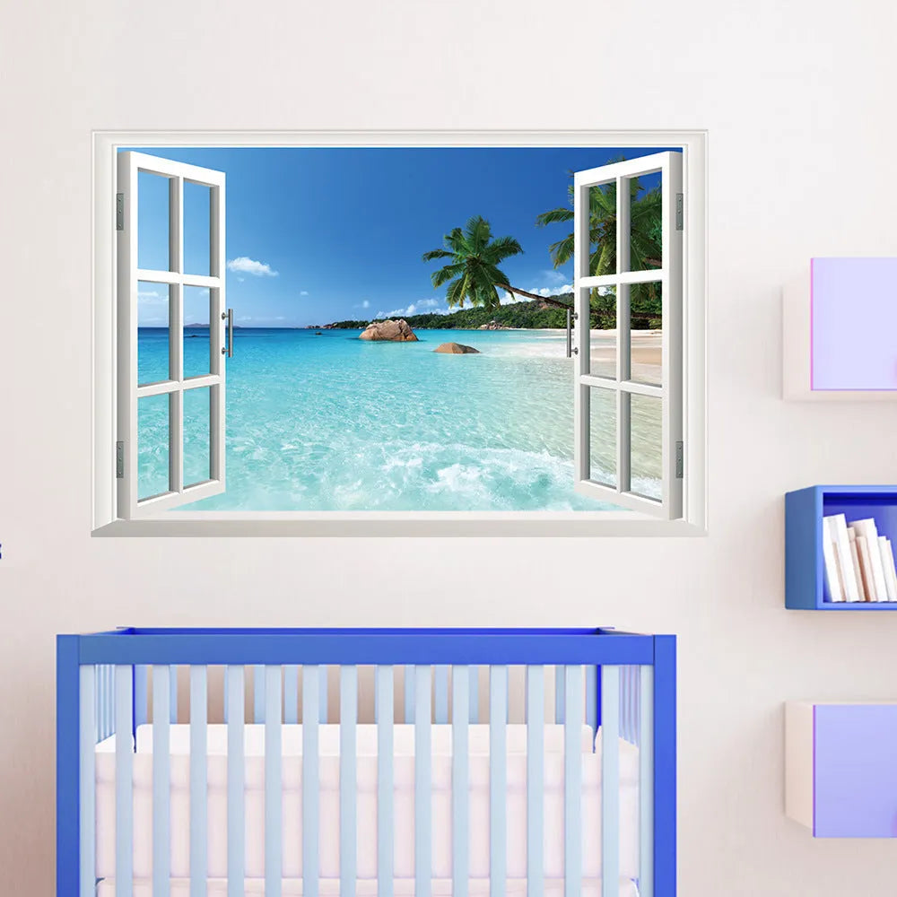 Sea view window wall sticker mural in blue and white with coastal scene on 60x90cm PVC material