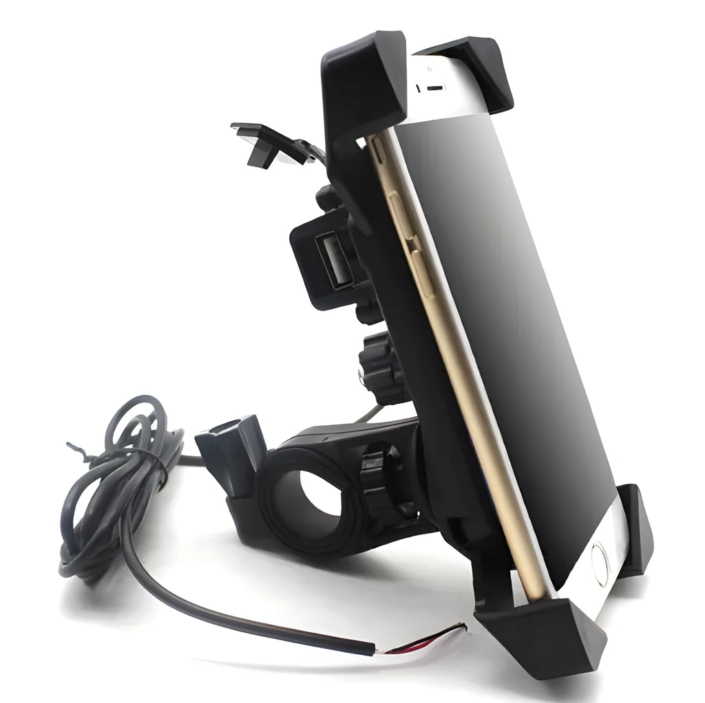 Black ABS motorcycle phone holder with USB port mounted on a handlebar, showing phone clamp and charging cable.