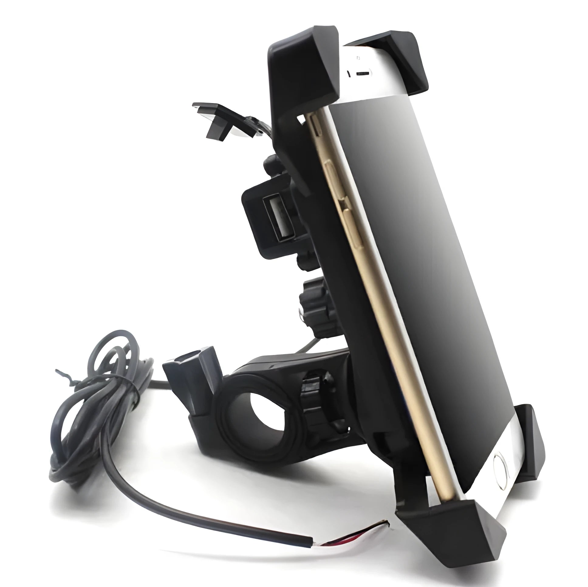 Black ABS motorcycle phone holder with USB port mounted on a handlebar, showing phone clamp and charging cable.