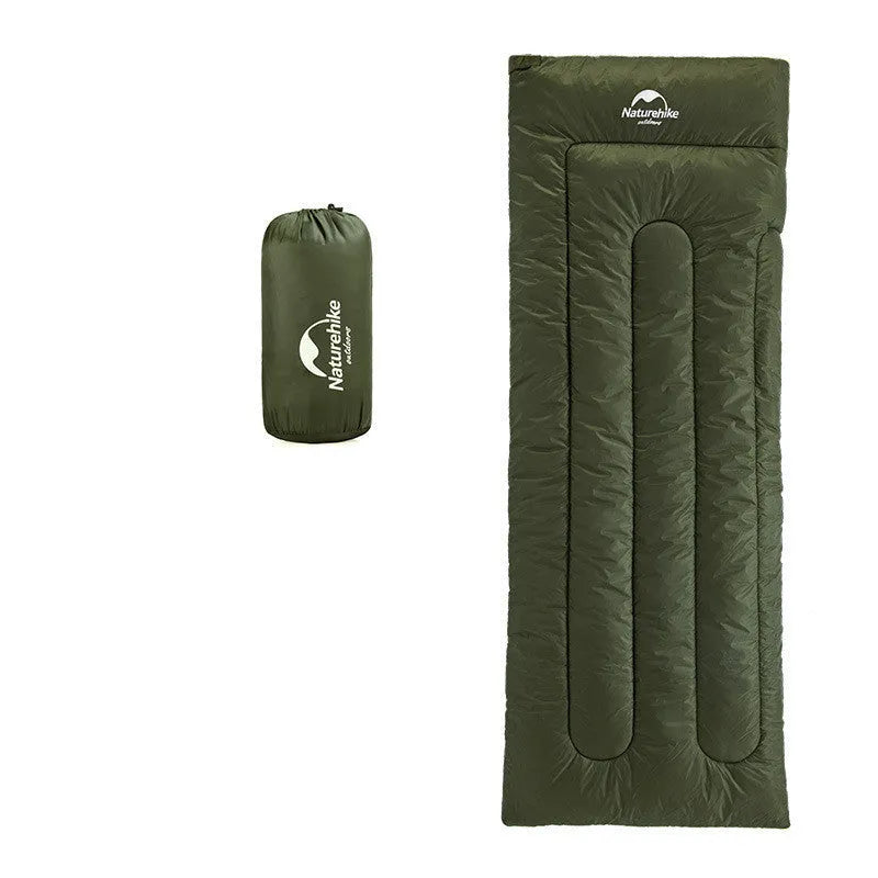 Camping thin portable envelope cotton sleeping bag in army green, hollow cotton filling, pongee lining, polyester silk spinning outer fabric