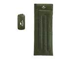 Camping thin portable envelope cotton sleeping bag in army green, hollow cotton filling, pongee lining, polyester silk spinning outer fabric