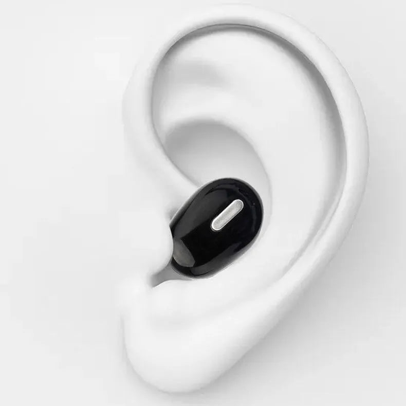 X9 mini single ear Bluetooth headset in black and white colour options showing compact earpiece design