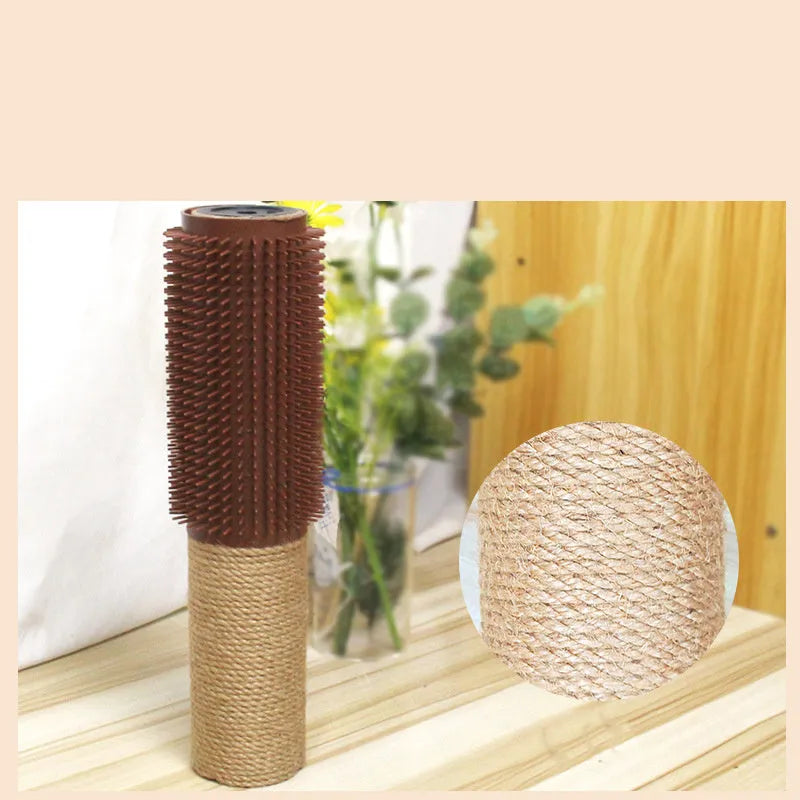 Brown sisal scratching post for cats with attached face toy, 30cm tall