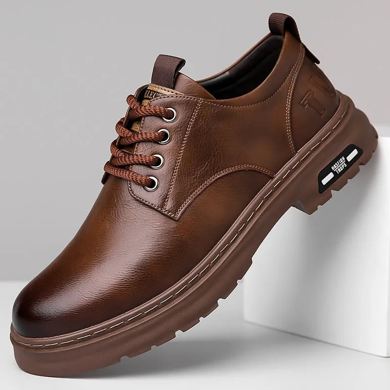Men's black retro casual shoes with round toe, flat square heel, and decorative stitching on the PU upper.