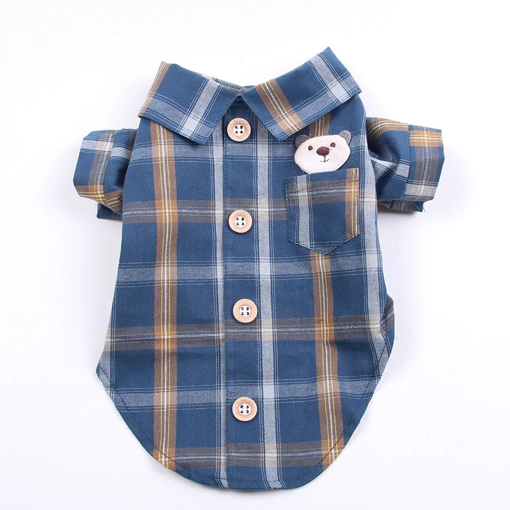 Pet shirt in soft cotton with two feet design, available in blue, red, and rice brown for dogs and cats