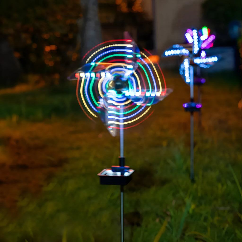 Solar wind spinner garden light with spinning pinwheel and LED illumination for outdoor path decoration