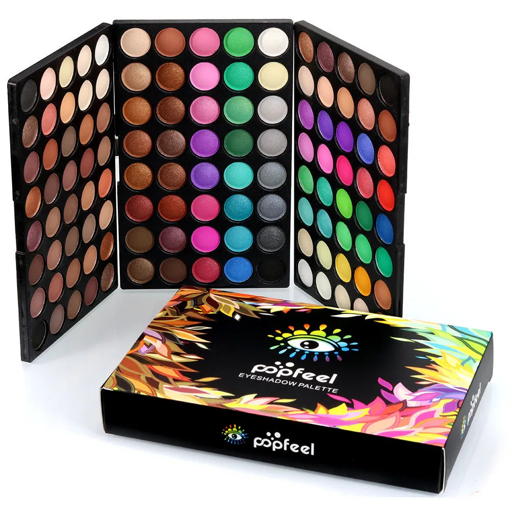 Eyeshadow compact palette with 120 colours in shimmer and matte finishes, measuring 15.6 by 10.5 by 2.4 cm.