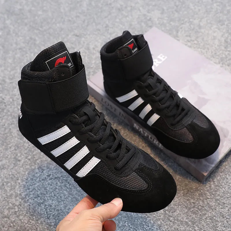 Wrestling shoes suede cowhide vertical design training boxing shoe men women S002 Black