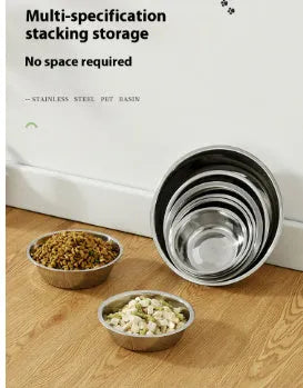 Stainless steel pet bowl with non-slip base, shown in one of five available sizes for dogs and cats.