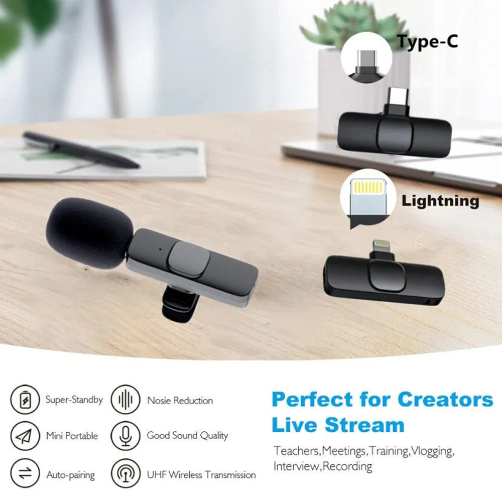 Wireless lavalier microphone and receiver set with 62x23x28mm mic, 45x27x7mm receiver, for iPhone Android recording