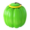 Green, orange, and yellow plastic pumpkin-shaped dog squeaker toy ball.