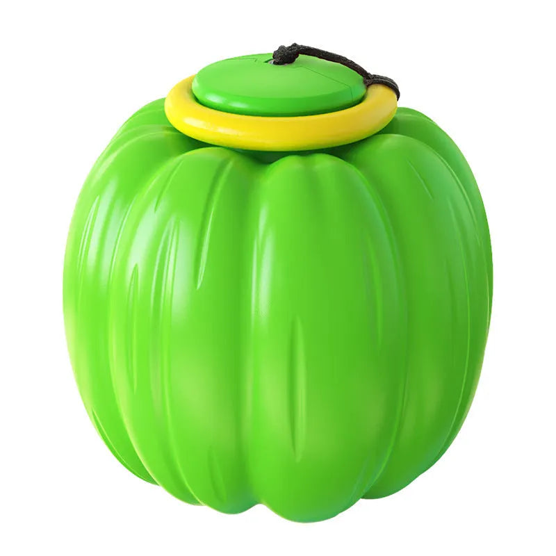 Green, orange, and yellow plastic pumpkin-shaped dog squeaker toy ball.