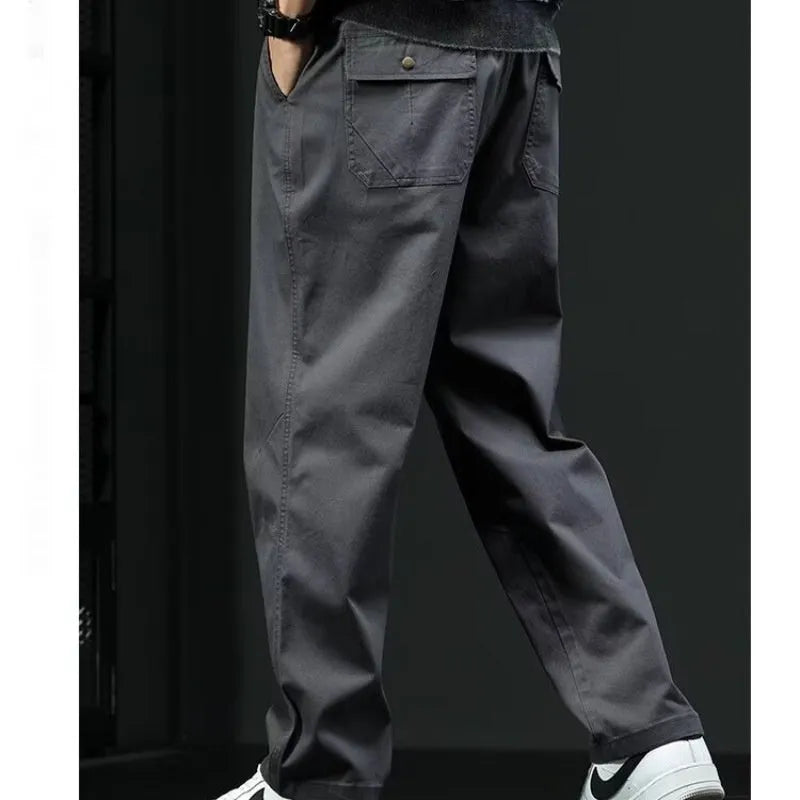 Men's casual straight leg cotton trousers in gray, mid waist loose fit