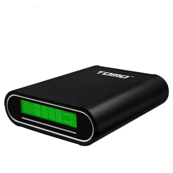 Black DIY mobile power box with LCD screen for four 18650 batteries, showing dual USB outputs.