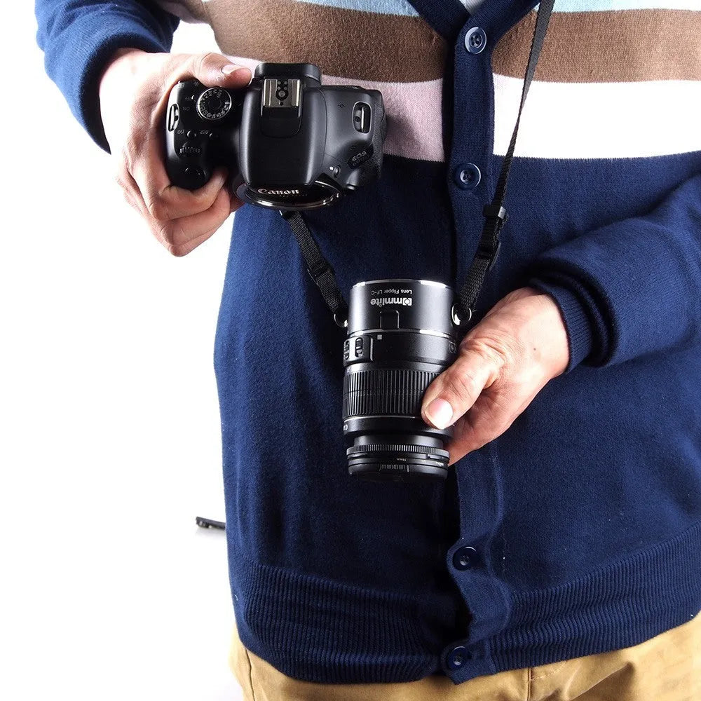 Aluminium Camera Lens Flipper dual holder on cotton strap for Canon, Nikon, Sony cameras