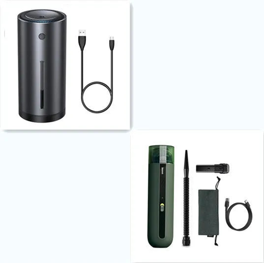 BASEUS wireless handheld car vacuum cleaner in black, white, or green with blowing hose.