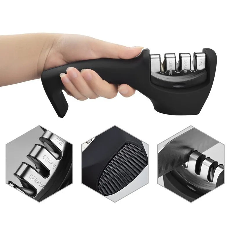 Three-stage knife sharpener with ABS body, anti-slip rubber feet, 20.5cm x 6cm x 7.5cm, available in four colours