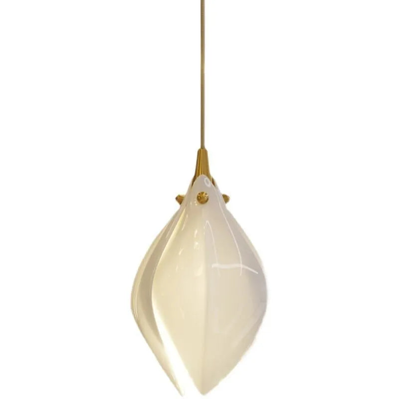 Ceramic magnolia petal shaped single pendant light with minimalist design.