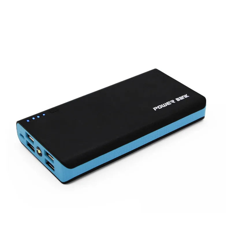 20000mAh portable power bank in blue colour showing front with USB port, dimensions 145mm by 68mm.