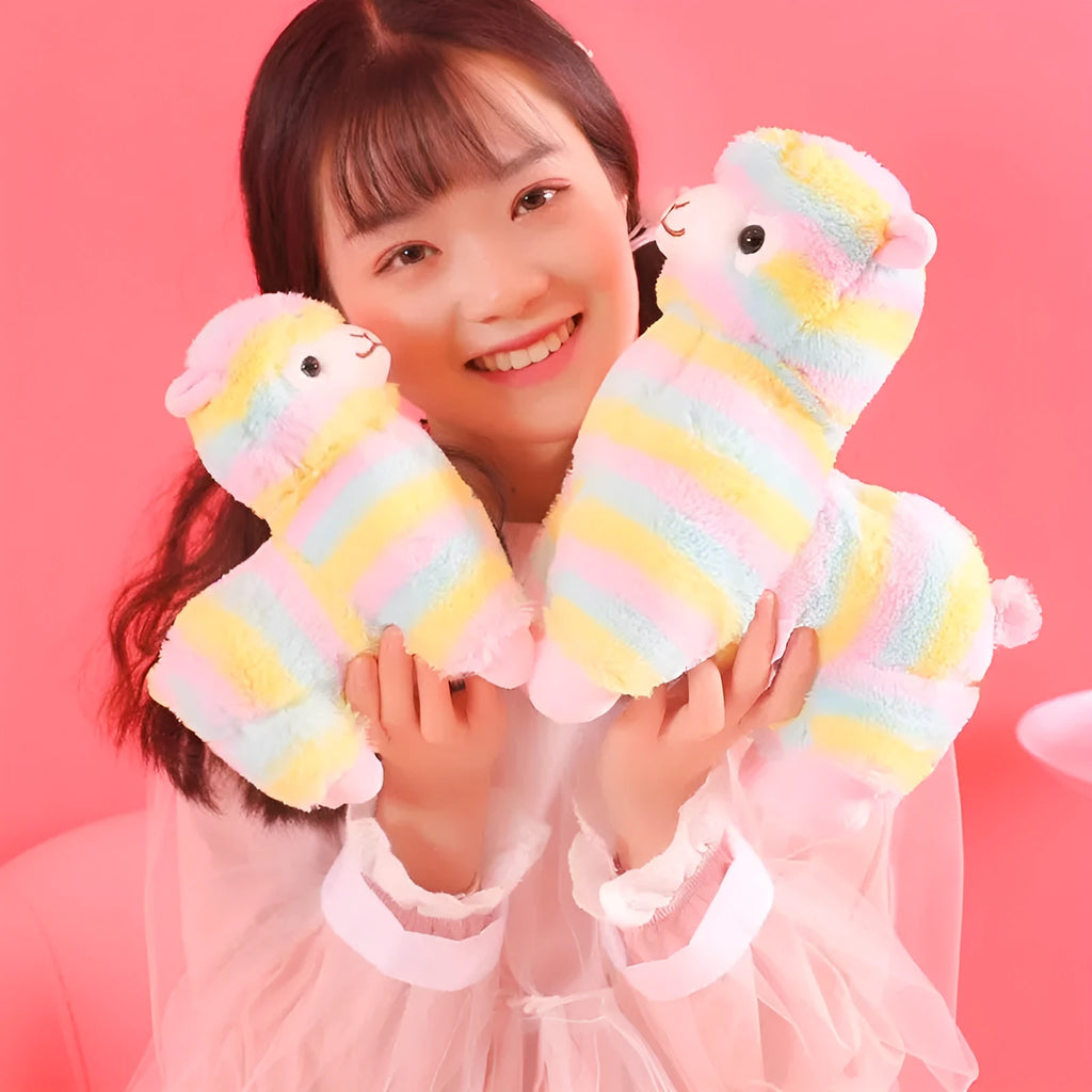 Colorful alpaca plush doll toy with short plush fabric, 35cm height, on a white background
