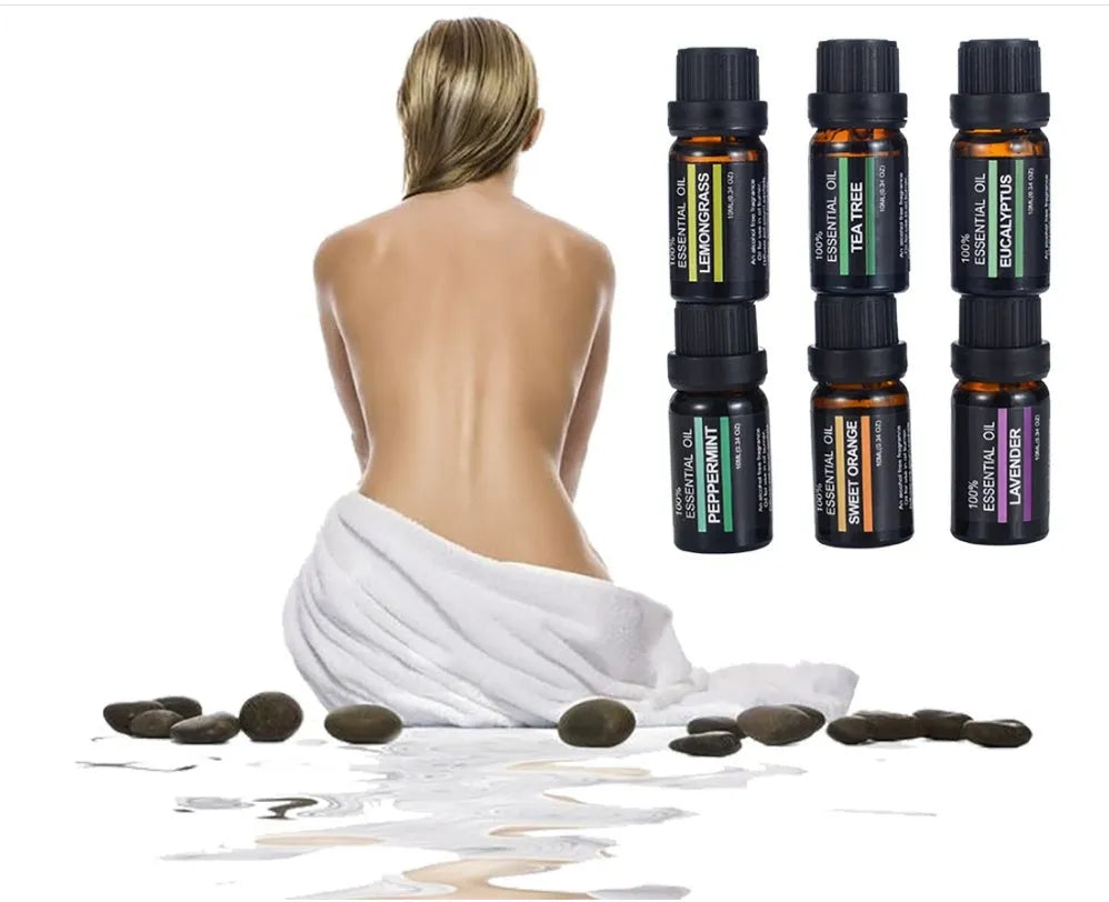 Six 10ml aromatherapy massage oil bottles with lavender, tea tree and citrus essential oil blends