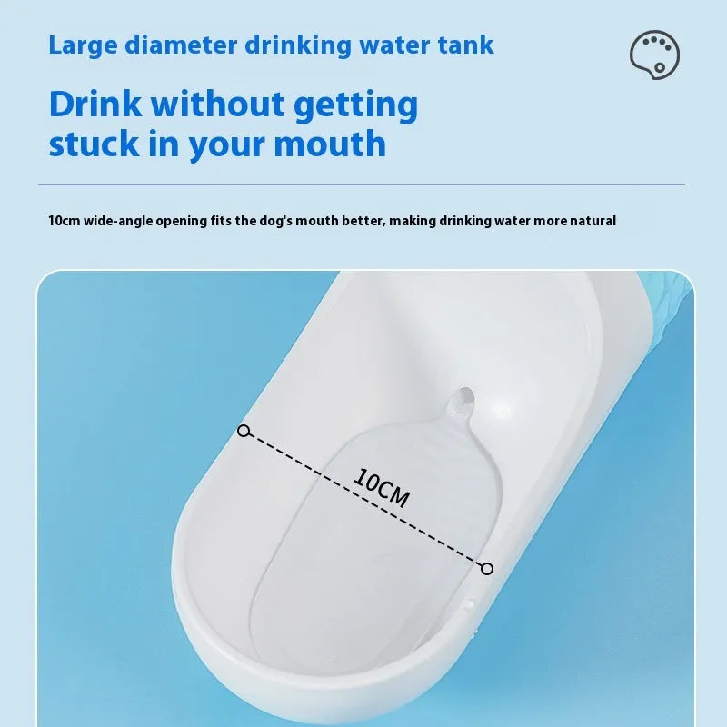 Portable dog water cup in blue with one-click lock and attached drinking bowl, made of food-grade ABS plastic