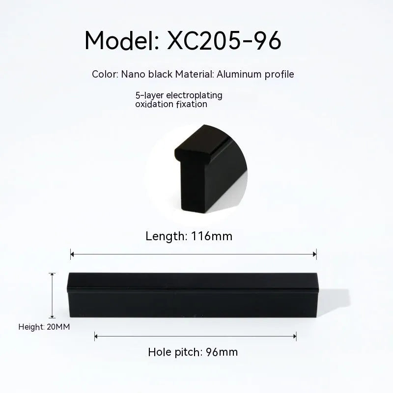 Aluminium alloy T-bar cabinet door handle in black anodic oxidation finish with screw holes visible