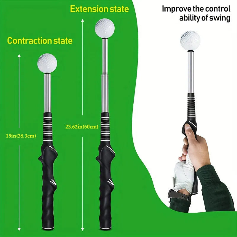 Telescopic stainless steel golf swing trainer in black, extended for practice.