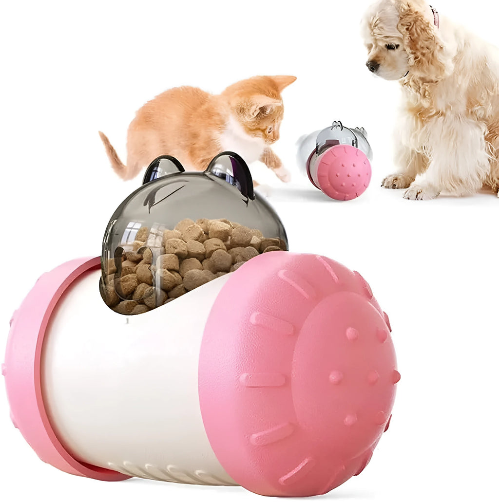 Interactive treat dispensing dog toy in green, 14.6 cm, made from food-grade ABS and PC material with self-standing tumbler design